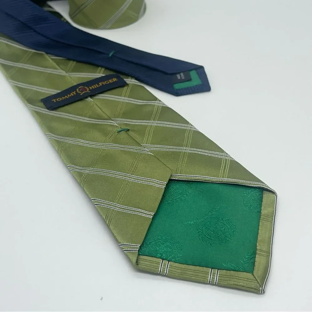Tommy Hilfiger Green Silver Striped Silk Necktie Career Office